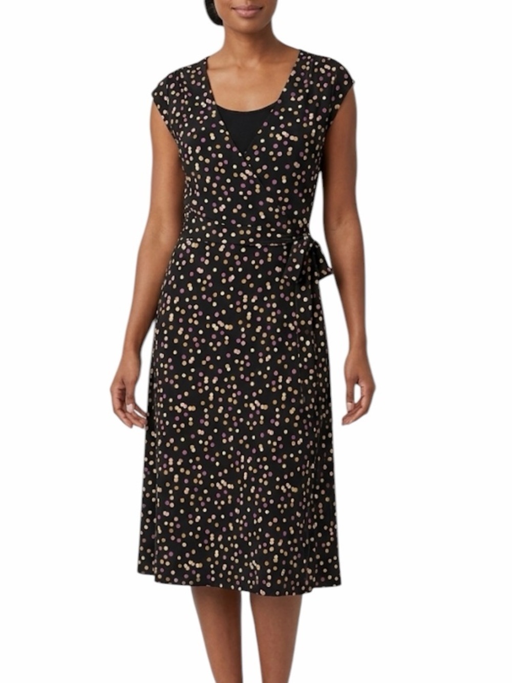 Style & Co Womenโs Faux Wrap Polka Dot Dress 1X Black Pink Midi